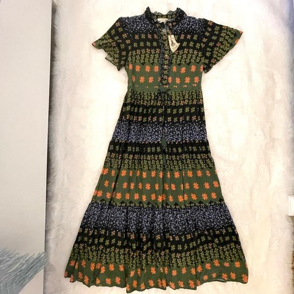 NWT Easel Blue & Green Jewel Tone Floral Patchwork Tiered Long Dress - Picture 2 of 15